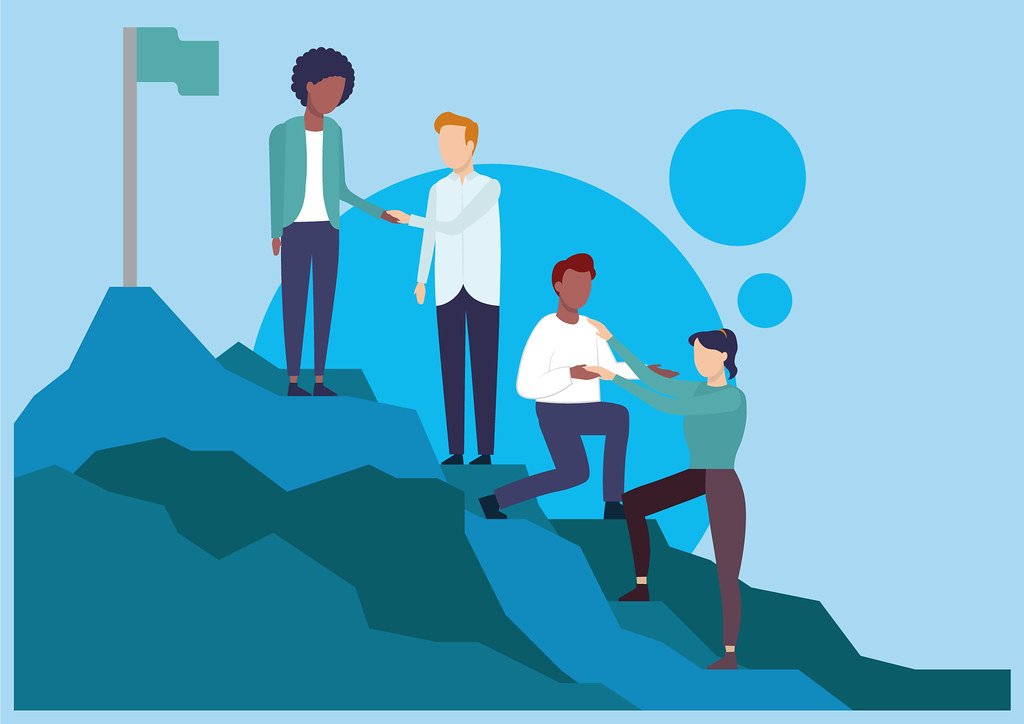A graphical image of four people helping each other climb a mountain.