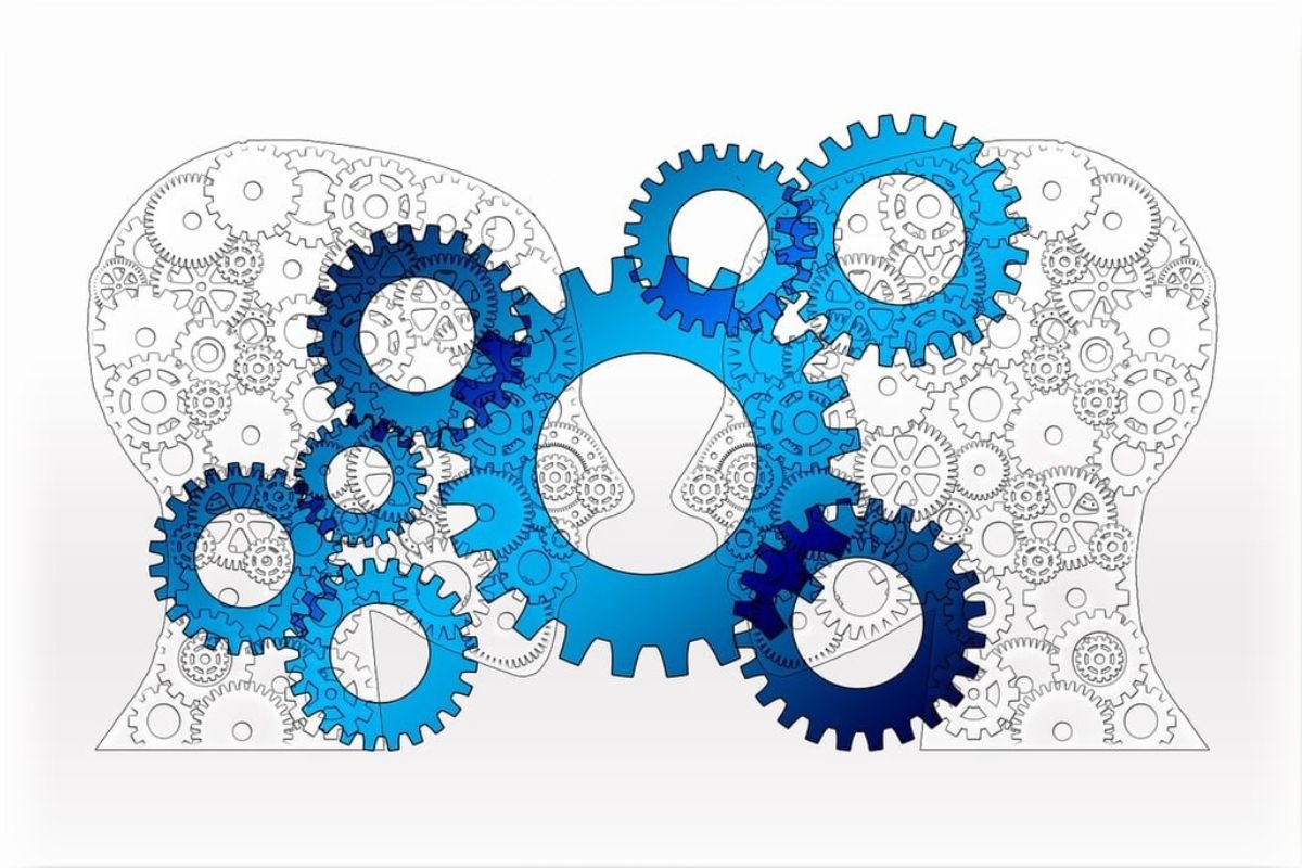 A drawing of interlocking gears inside of two connected human heads, likely part of a mechanical system.